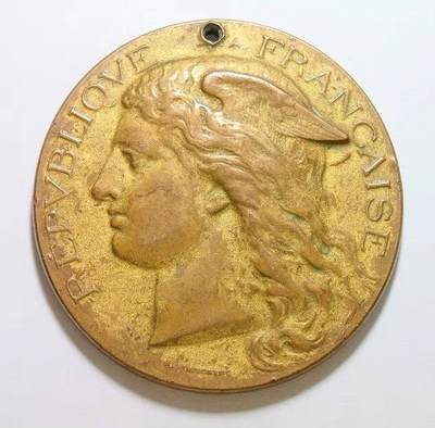 法国1899年 小飞侠女神头像高浮雕大铜章 单面镀金 50MM - 法国1899年 小飞侠女神头像高浮雕大铜章 单面镀金 50MM