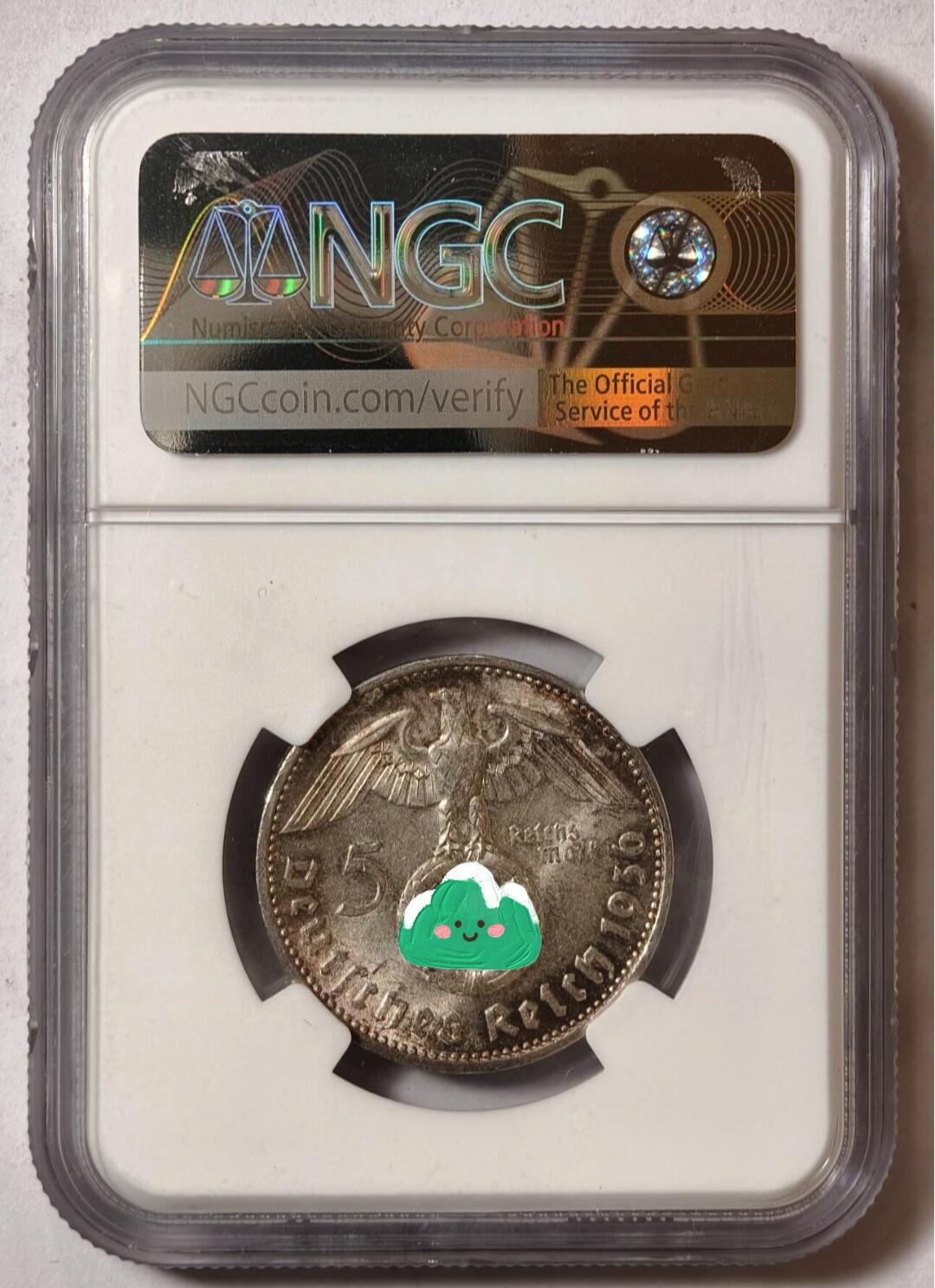 紫瑗钱币——第420期 德国 1936年 F版 兴登堡 字符 5马克 银币 NGC MS61