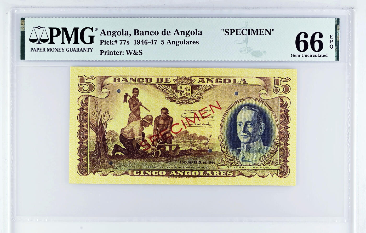 【Blue Auction】✨世界纸币精拍第549期【精】 葡属安哥拉 1946-47年5Angolares PMG66EPQ 样钞 殖民色彩浓重 背面白人女神高高在上看着跪在地上的黑人裸女 