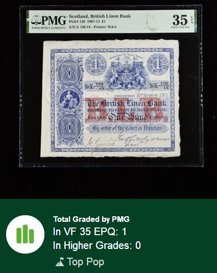 【Blue Auction】✨世界纸币精拍第549期【精】  【手签 唯一评级记录 珍罕 18小号】苏格兰 早期 British Linen Bank  1907-13年1镑 W&S出品 大方块 雕刻精美 满版水印 极度罕见 PMG35EPQ 原票状态佳 