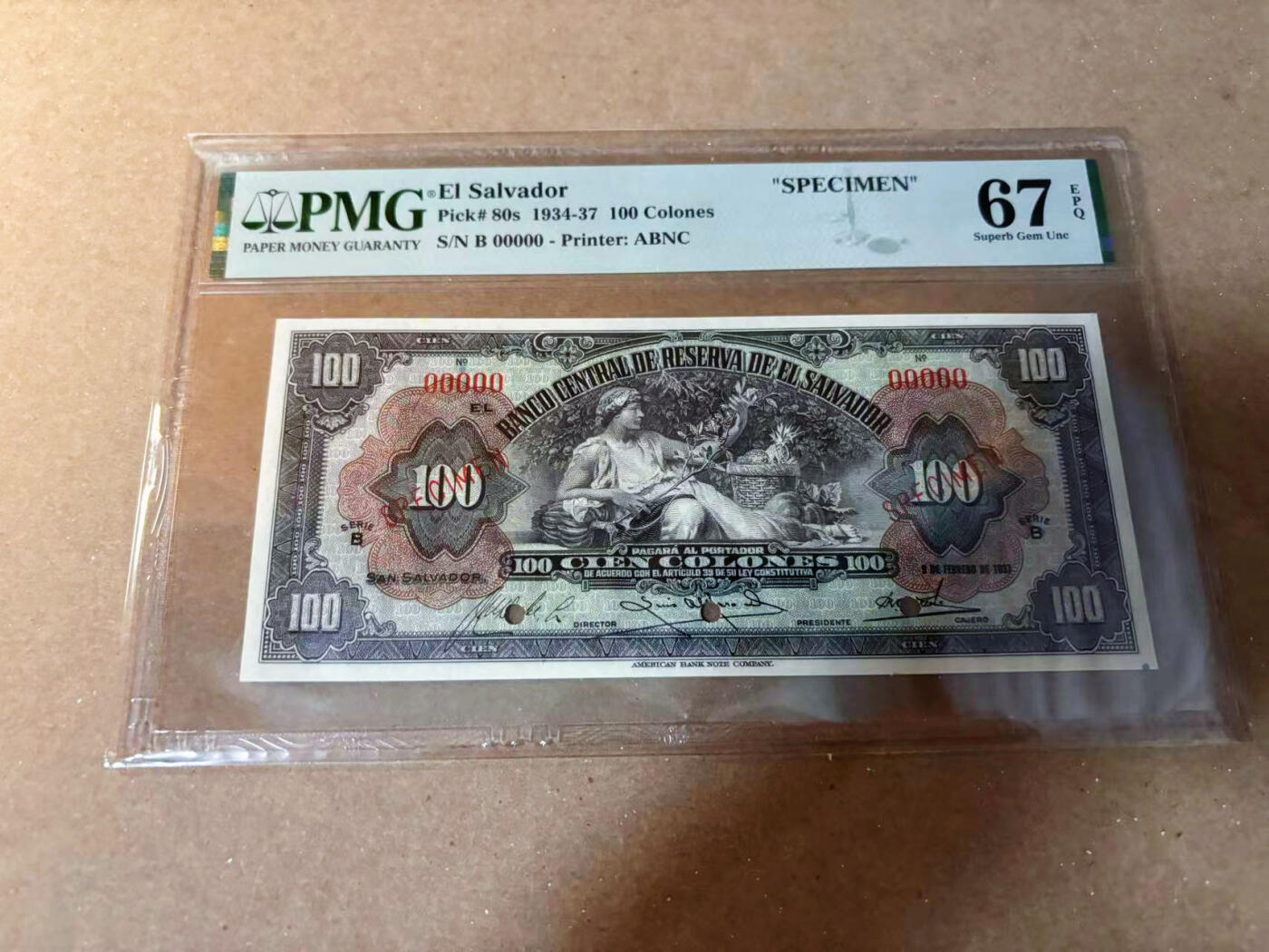 【Blue Auction】✨世界纸币精拍第549期【精】 萨尔瓦多 1934-37年100克朗 丰收女神 PMG67EPQ 高分