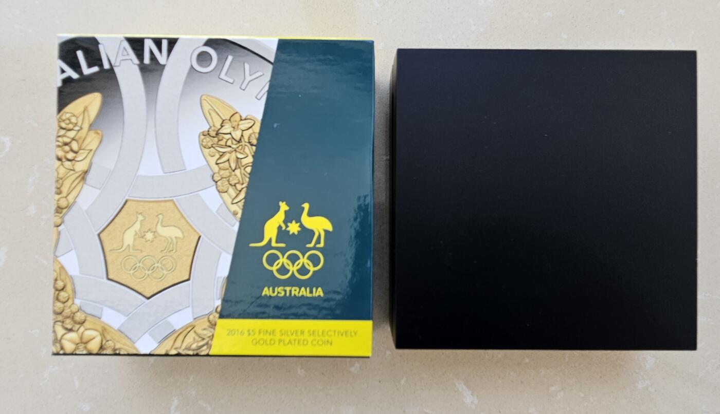 	澳大利亚皇家铸币厂 Australian Royal Mint, 2016 Proof 5$ 1 oz Silver Selectively Gold Plated Coin 40 mm "2016 Australian Olypic Team"  