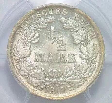 稀年 PCGS MS65 一战德国1917年F版1/2马克银币 开卷原光