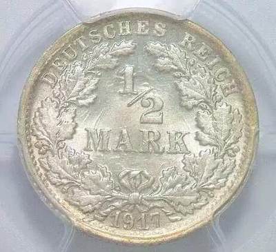 稀年 PCGS MS65 一战德国1917年F版1/2马克银币 开卷原光 - 稀年 PCGS MS65 一战德国1917年F版1/2马克银币 开卷原光