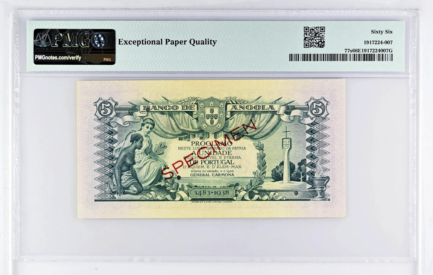 【Blue Auction】✨世界纸币精拍第549期【精】 葡属安哥拉 1946-47年5Angolares PMG66EPQ 样钞 殖民色彩浓重 背面白人女神高高在上看着跪在地上的黑人裸女 