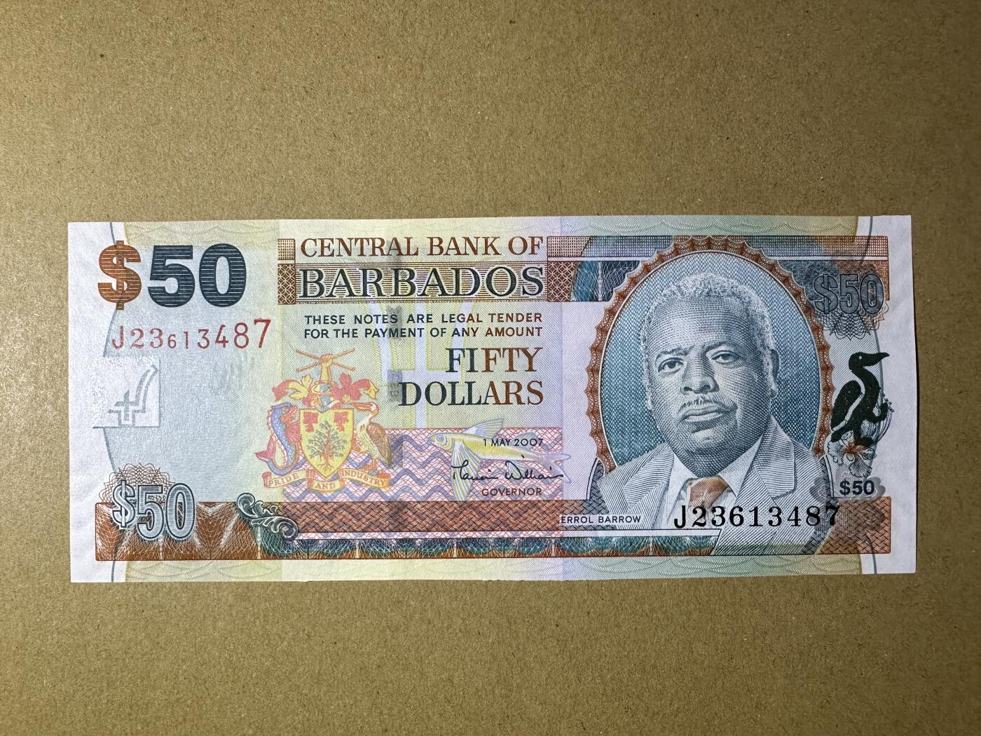 《张总收藏》169期-周日精选外币高货 巴巴多斯50元 UNC 2007年 独立后第一任总理埃罗尔·巴罗