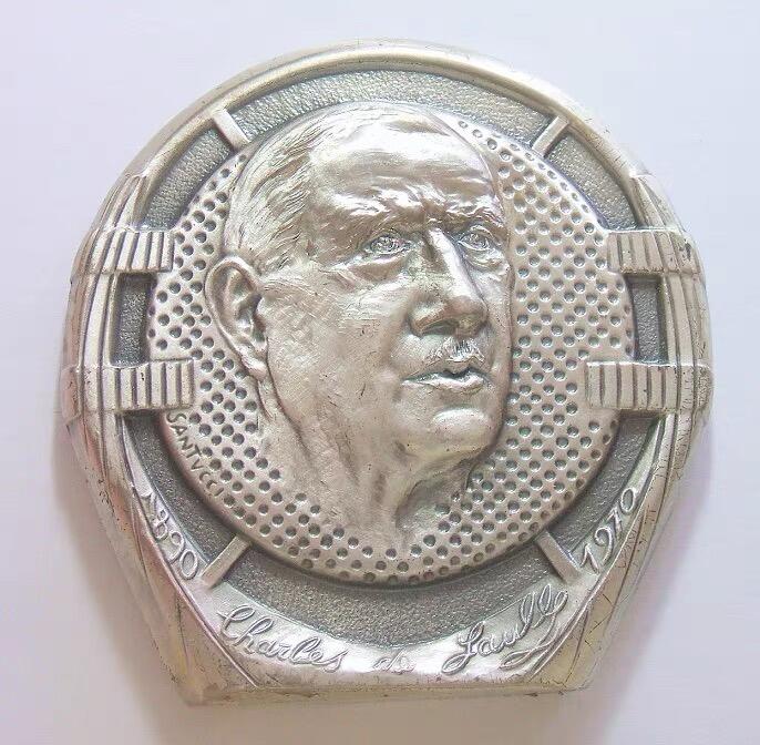 法国1990年戴高乐诞辰100年高浮雕精制超大镀银章 73MM 133.3克