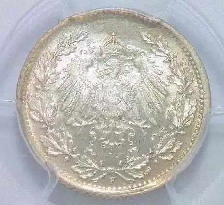 稀年 PCGS MS65 一战德国1917年F版1/2马克银币 开卷原光