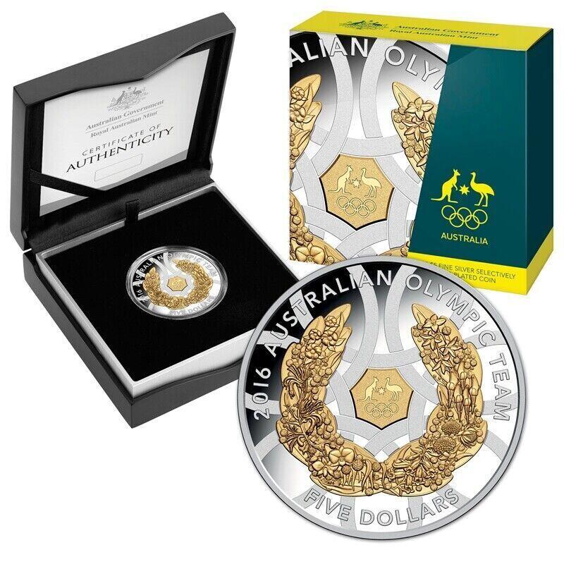 	澳大利亚皇家铸币厂 Australian Royal Mint, 2016 Proof 5$ 1 oz Silver Selectively Gold Plated Coin 40 mm "2016 Australian Olypic Team"  