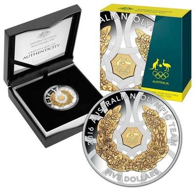 	澳大利亚皇家铸币厂 Australian Royal Mint, 2016 Proof 5$ 1 oz Silver Selectively Gold Plated Coin 40 mm "2016 Australian Olypic Team"   - 	澳大利亚皇家铸币厂 Australian Royal Mint, 2016 Proof 5$ 1 oz Silver Selectively Gold Plated Coin 40 mm "2016 Australian Olypic Team"  