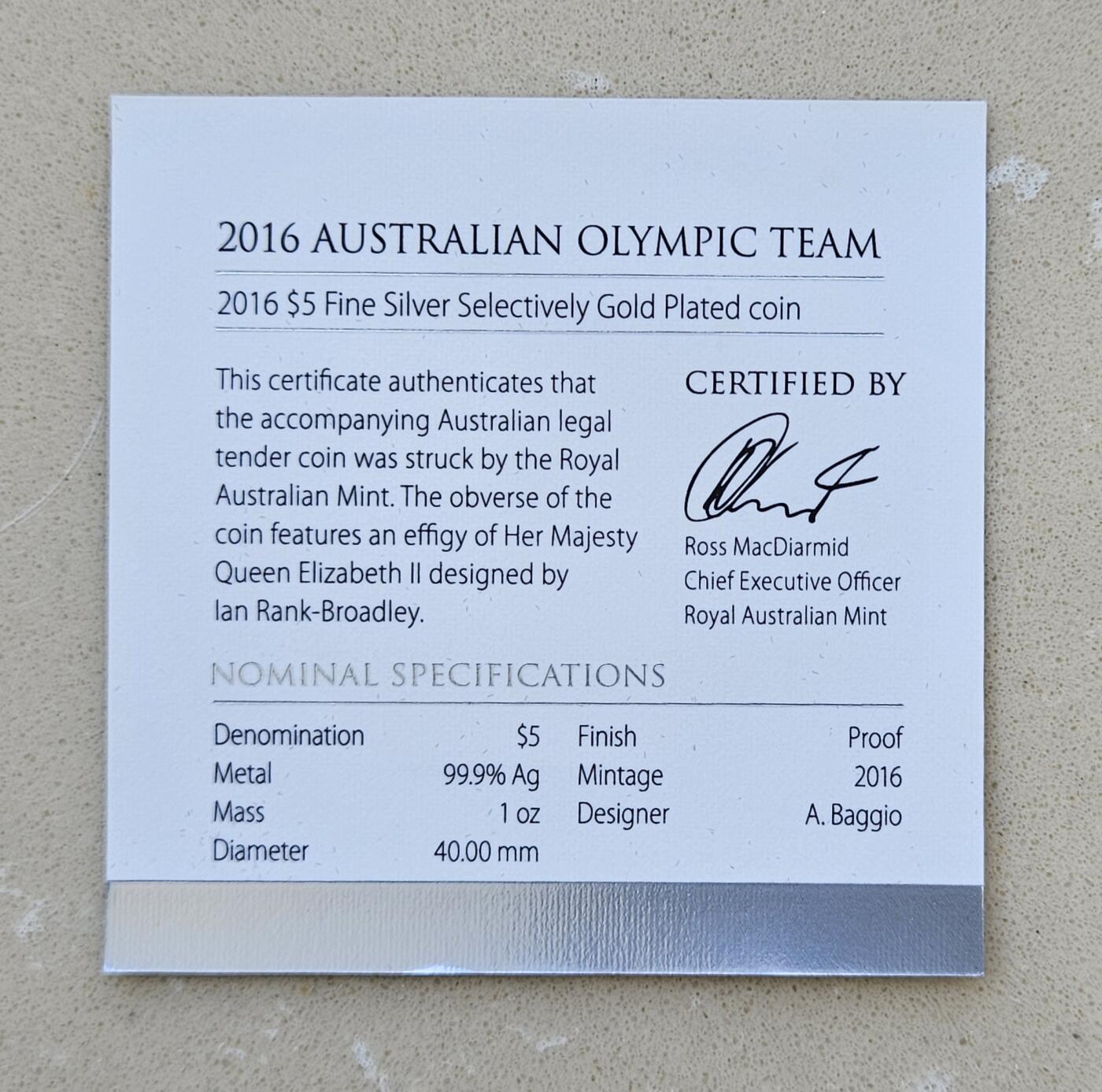 	澳大利亚皇家铸币厂 Australian Royal Mint, 2016 Proof 5$ 1 oz Silver Selectively Gold Plated Coin 40 mm "2016 Australian Olypic Team"  