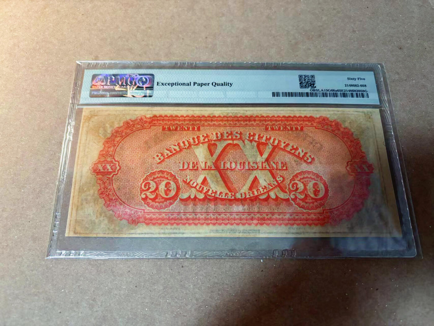 【Blue Auction】✨世界纸币精拍第549期【精】 美国 路易斯安那州 1860年代 20美金 PMG65EPQ 双面设计精美