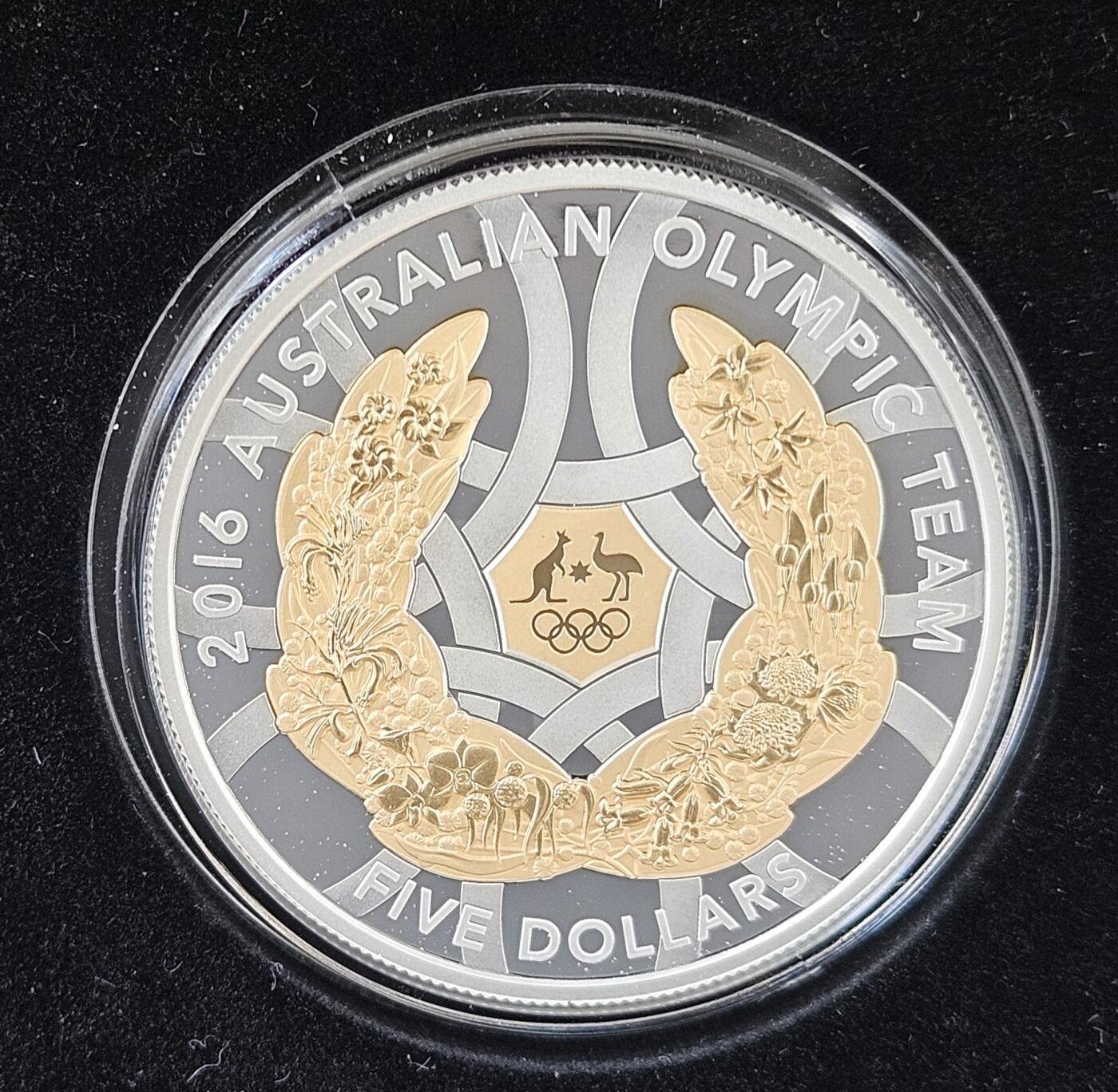 	澳大利亚皇家铸币厂 Australian Royal Mint, 2016 Proof 5$ 1 oz Silver Selectively Gold Plated Coin 40 mm "2016 Australian Olypic Team"  