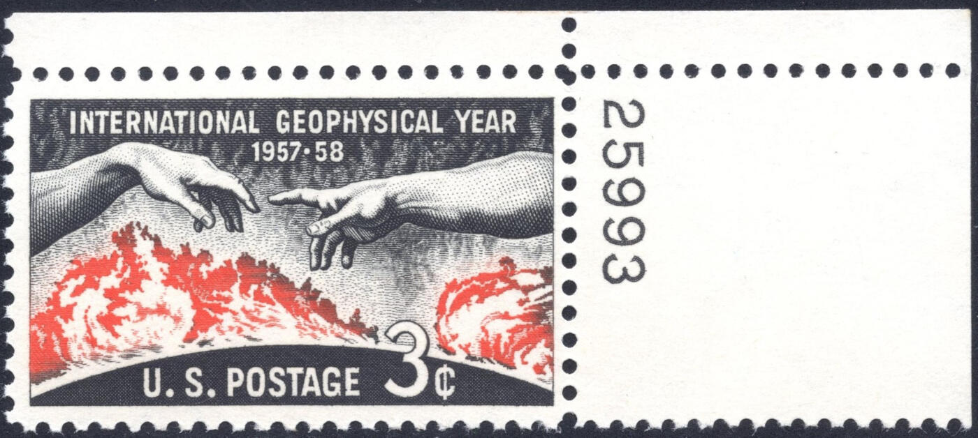 洪涛臻品批发群 精选邮票限时拍卖第七百四十九期  美国1958年 地球物理年-火山1全新 右上角边带版号！ 雕刻版原胶全品！