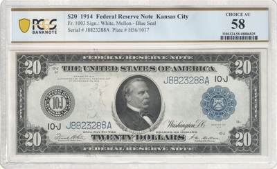 美国1914年20美元堪萨斯版本PCGS58雷达号无47尾88 - 美国1914年20美元堪萨斯版本PCGS58雷达号无47尾88