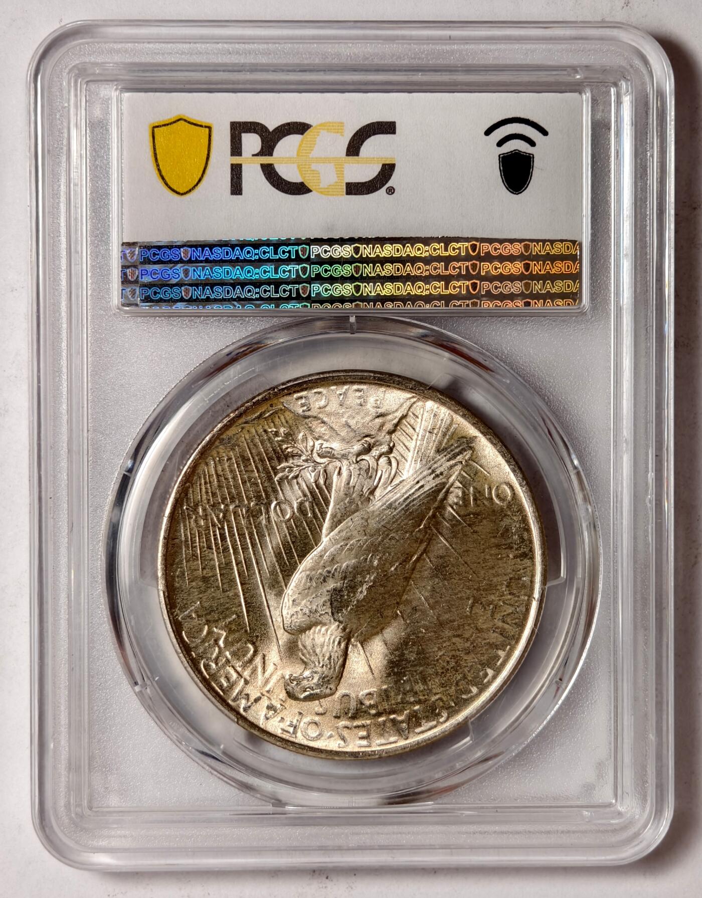 紫瑗钱币——第448期 美国 1923年 和平鸽 1元 银币 PCGS MS65 老盒 65难度比摩根高 带包浆