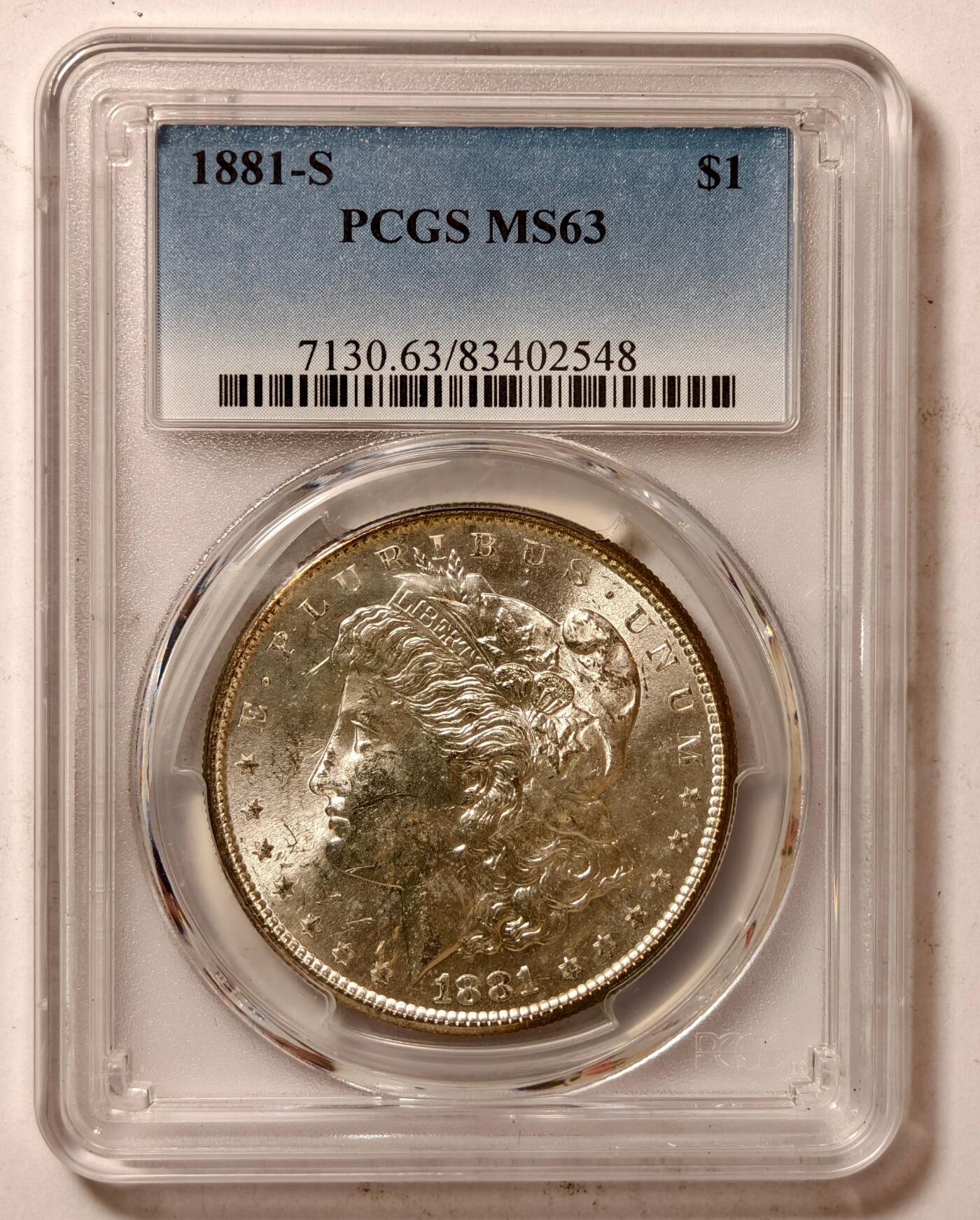 紫瑗钱币——第478期 美国 1881年 S版 摩根 大头妹 1美元 银币 PCGS MS63