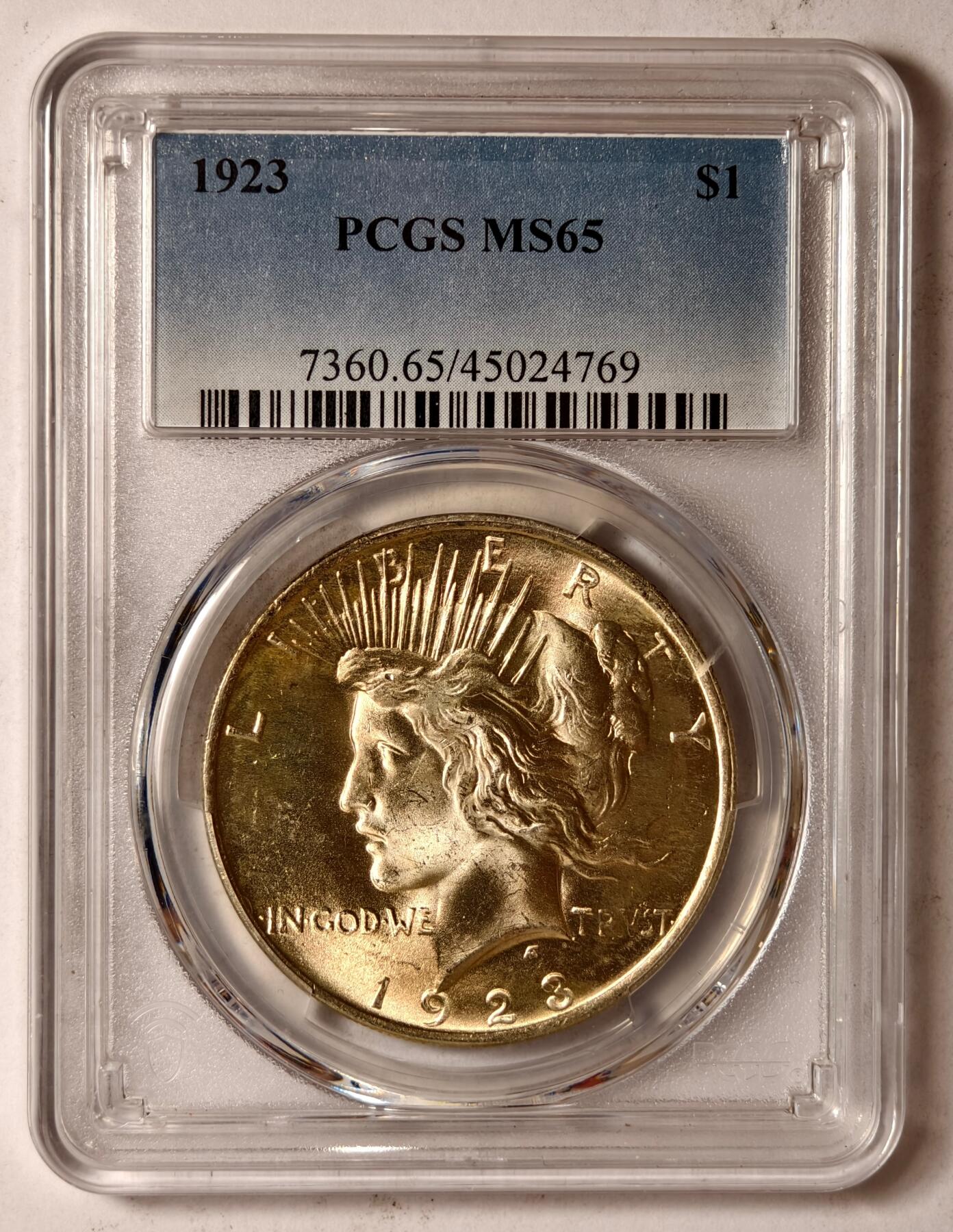 紫瑗钱币——第448期 美国 1923年 和平鸽 1元 银币 PCGS MS65 老盒 65难度比摩根高 带包浆