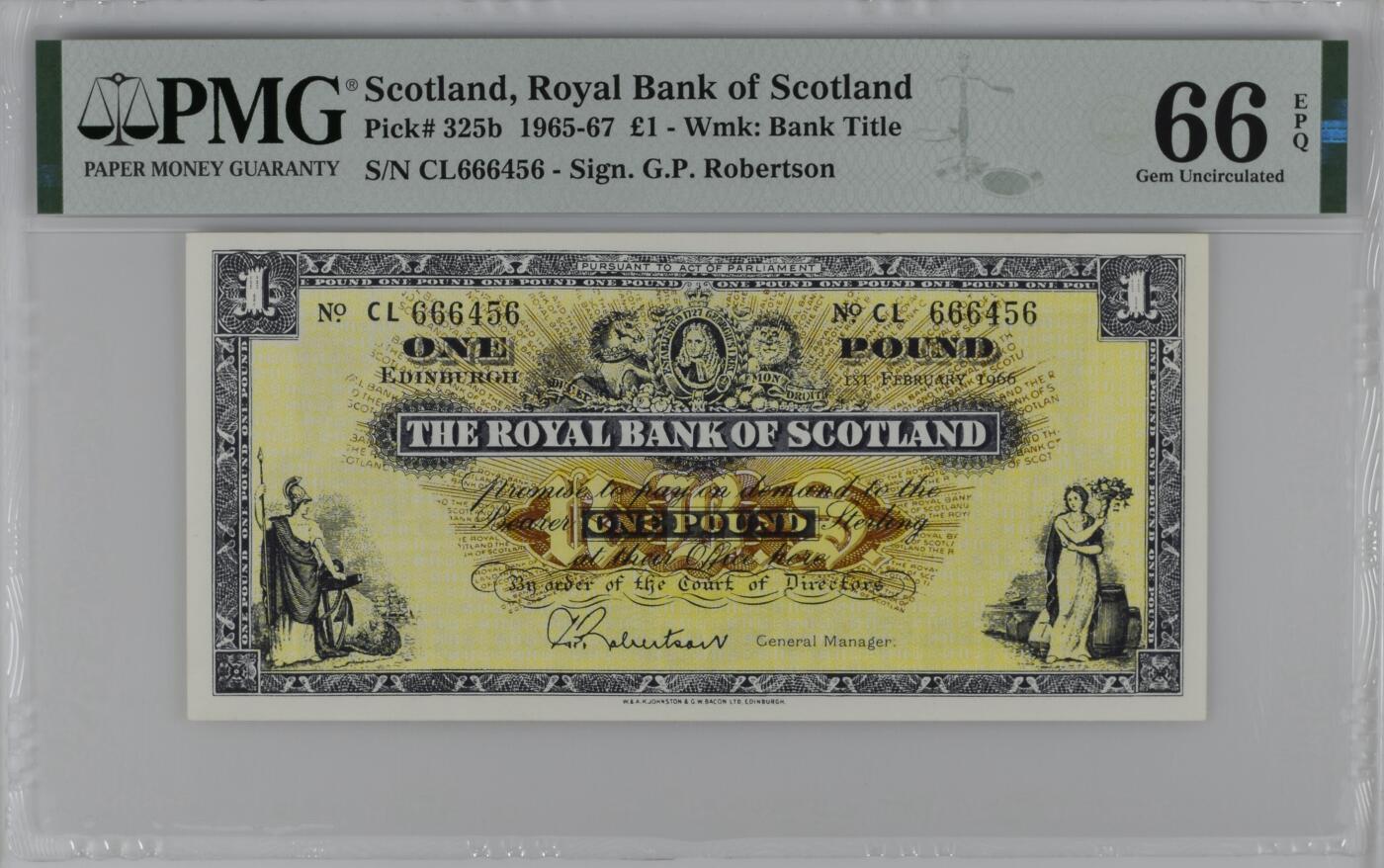 收藏联盟Quantum Auction 第379期拍卖  苏格兰皇家银行1965-67年1镑 PMG66 豹子号头 尾号456顺子