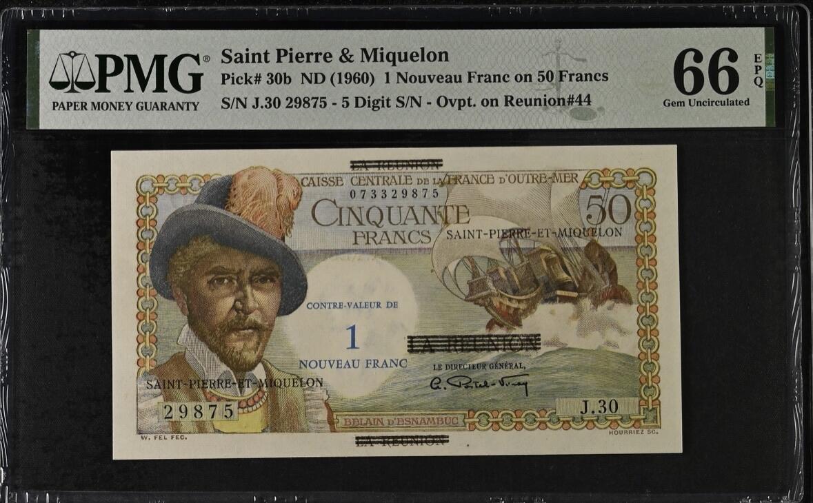 收藏联盟Quantum Auction 第379期拍卖  圣皮埃尔和密克隆1960年50法郎加盖1新法郎 PMG66 白奶球