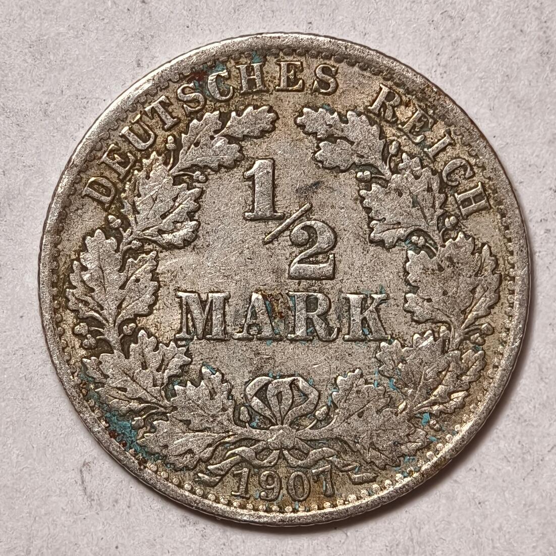 紫瑗钱币——第470期 德国 1907年 A版 第二帝国 1/2马克 银币 2.77克 0.9银
