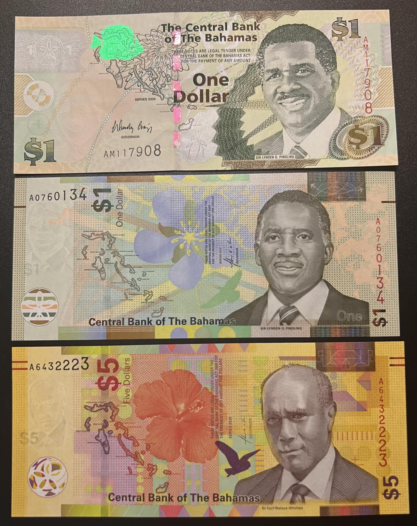 珑诚汇·乐淘淘 世界纸币拍卖 第32期 低佣场 巴哈马纸币三张 2008年1元&2017年1元&2020年5元 其中08年1元有压痕 其余均为A冠全新UNC