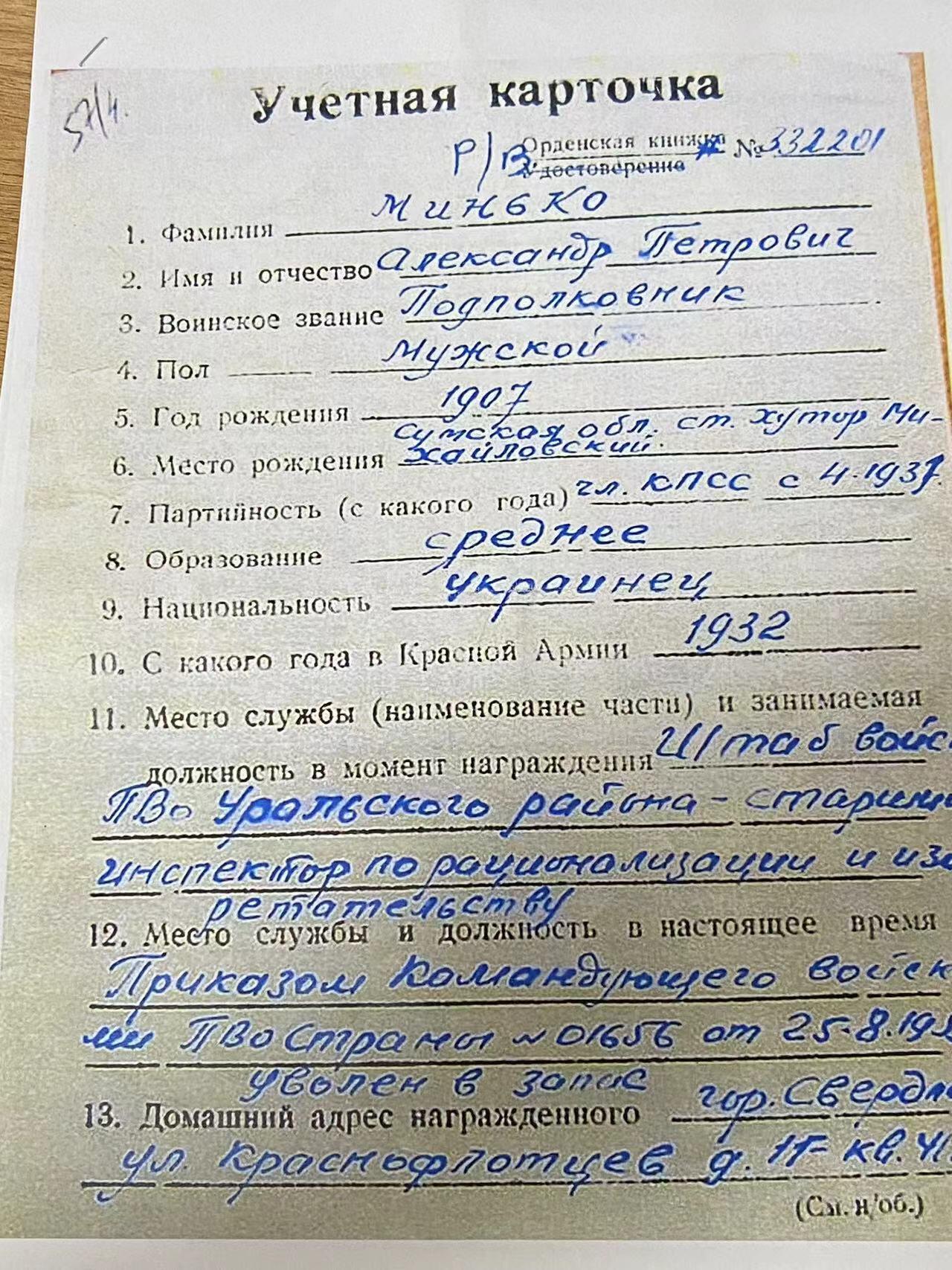 苏联勋章奖章拍卖10月6日晚上九点结束在麦稀奇 有佣金 苏联红旗超级品相400236 防空中校 得过三库 登记卡，服役记录为纸质复印件  这枚为 服役 获得 资料可以说非常全面了 几乎是非常完美的红旗了 不管从珐琅 镀金 背面镀层来说  Минько Александр Петрович 他的战绩非常好 集落10+12+48各种飞机 有兴趣的可以去查查资料  