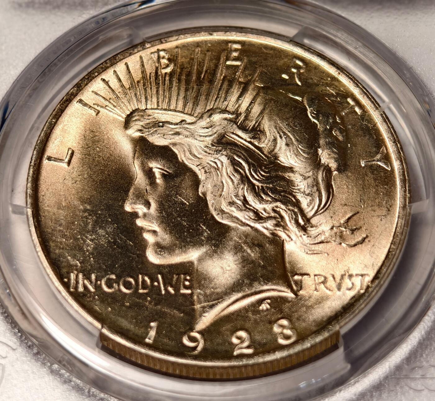 紫瑗钱币——第448期 美国 1923年 和平鸽 1元 银币 PCGS MS65 老盒 65难度比摩根高 带包浆