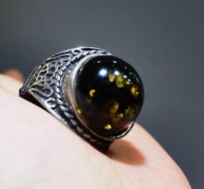 天然矿珀戒指纯银镶嵌复古典雅，指圈内径19！戒面尺寸：1.5cm！ - 天然矿珀戒指纯银镶嵌复古典雅，指圈内径19！戒面尺寸：1.5cm！