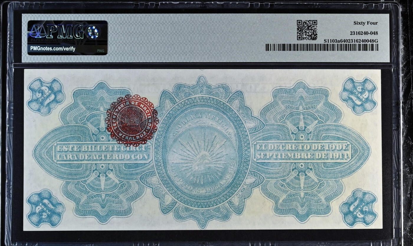 【Blue Auction】✨世界纸币精拍第551期【精】 【倒置号88尾】墨西哥 1915年2比索 PMG64 大票幅（卖家发货）