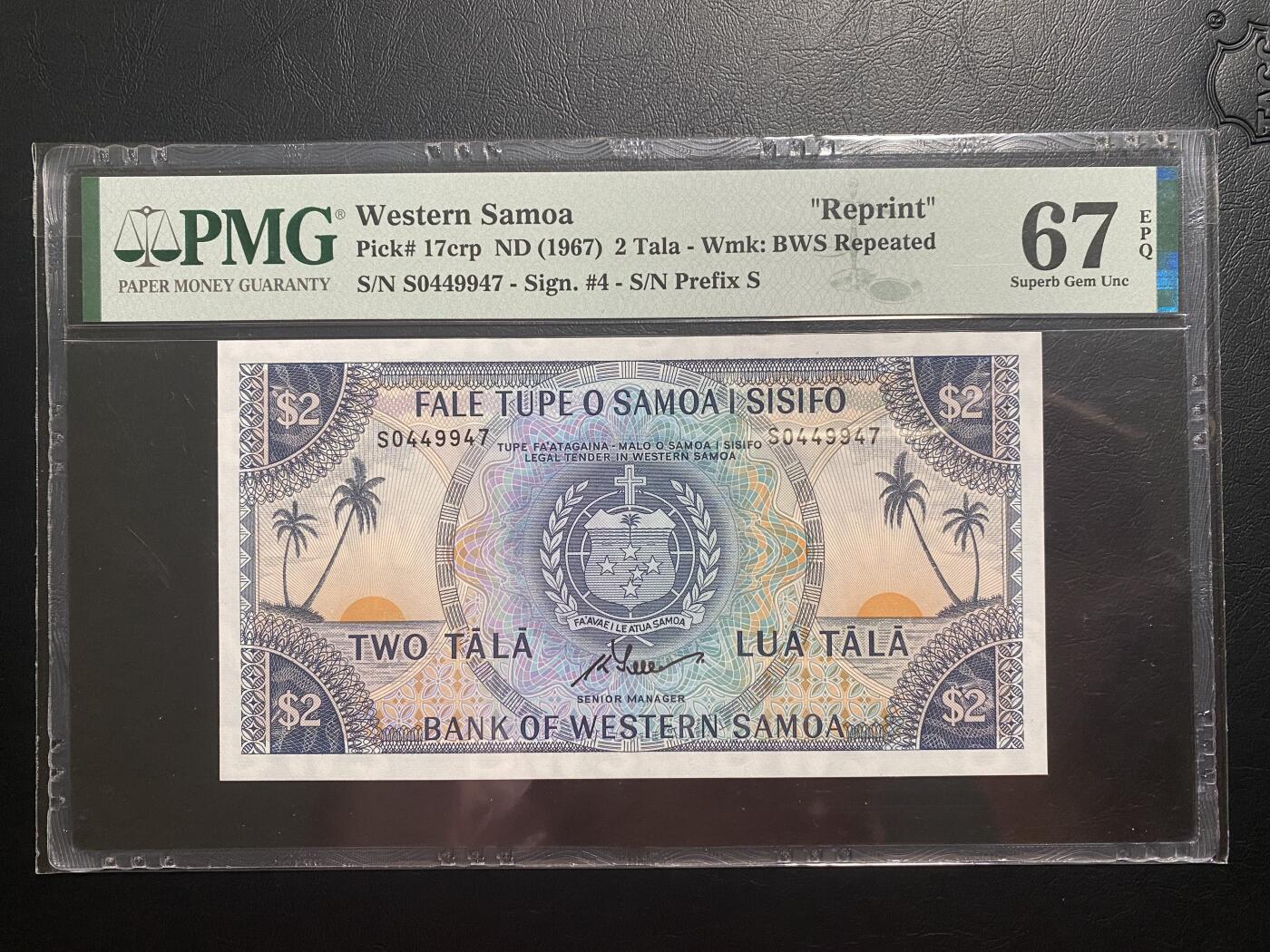 【纸迷金醉】精品纸币第1场 西萨摩亚 复刻版 2镑 PMG67E