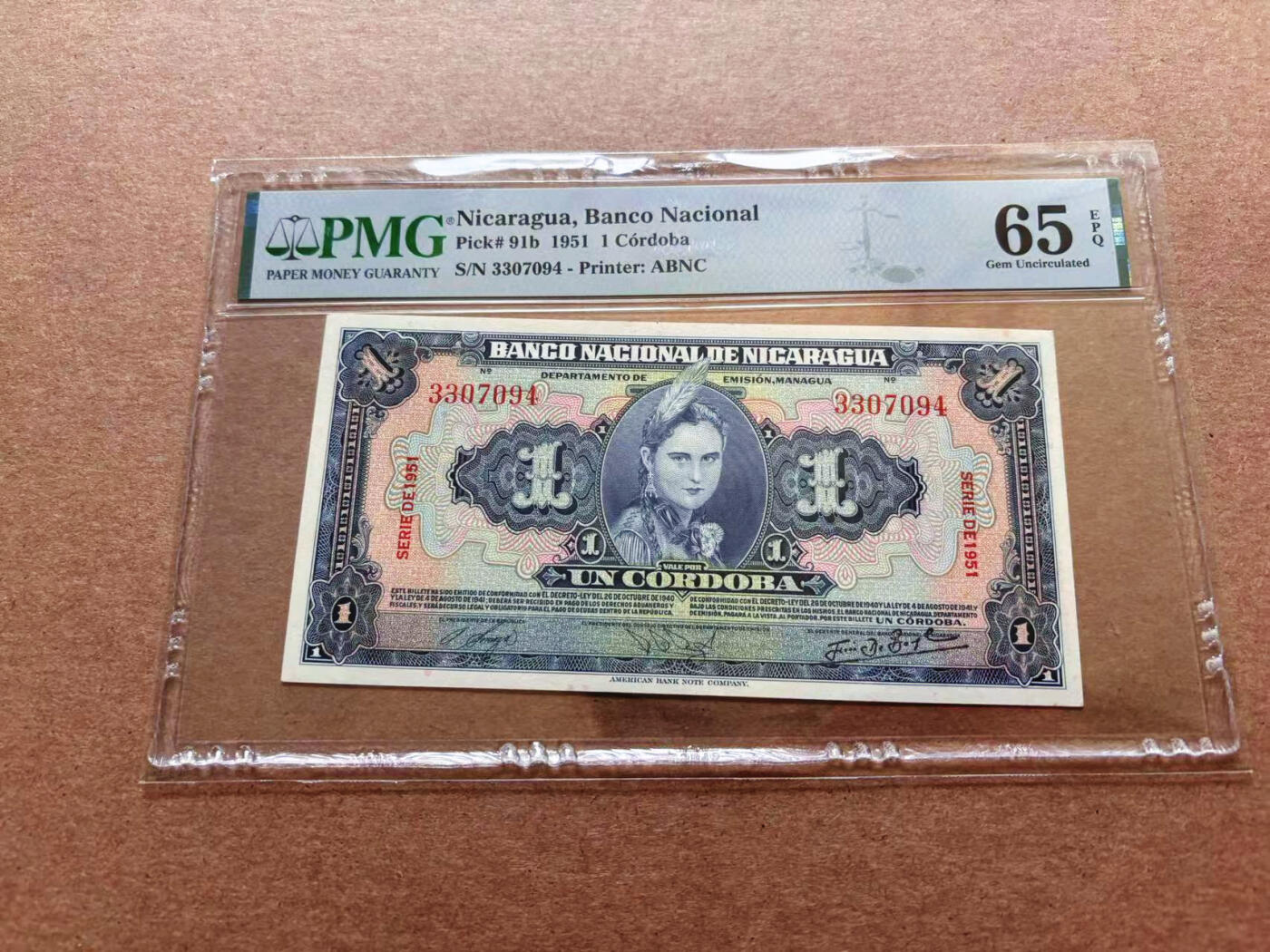 【Blue Auction】✨世界纸币精拍第551期【精】 尼加拉瓜 1951年1科多巴 ABNC出品 PMG65EPQ 