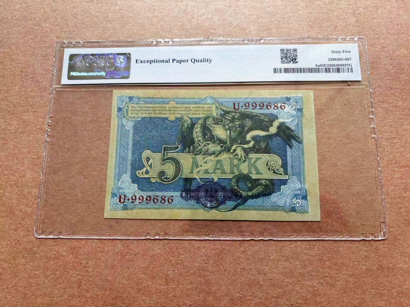 【Blue Auction】✨世界纸币精拍第551期【精】 【倒置号】德国 1904年5马克 PMG65EPQ 