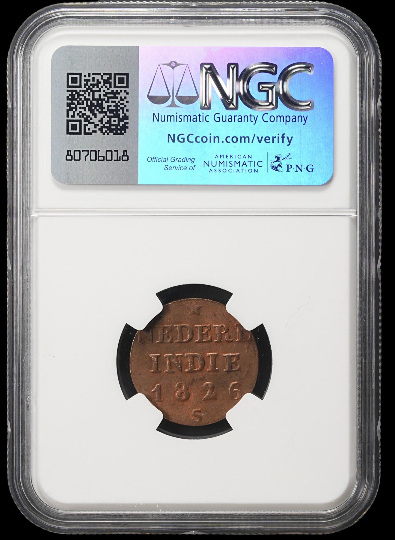 修遠堂世界钱币第四十一期 全场包邮 NGC MS63RB 1826年荷属东印度1/4 STUIVER铜币