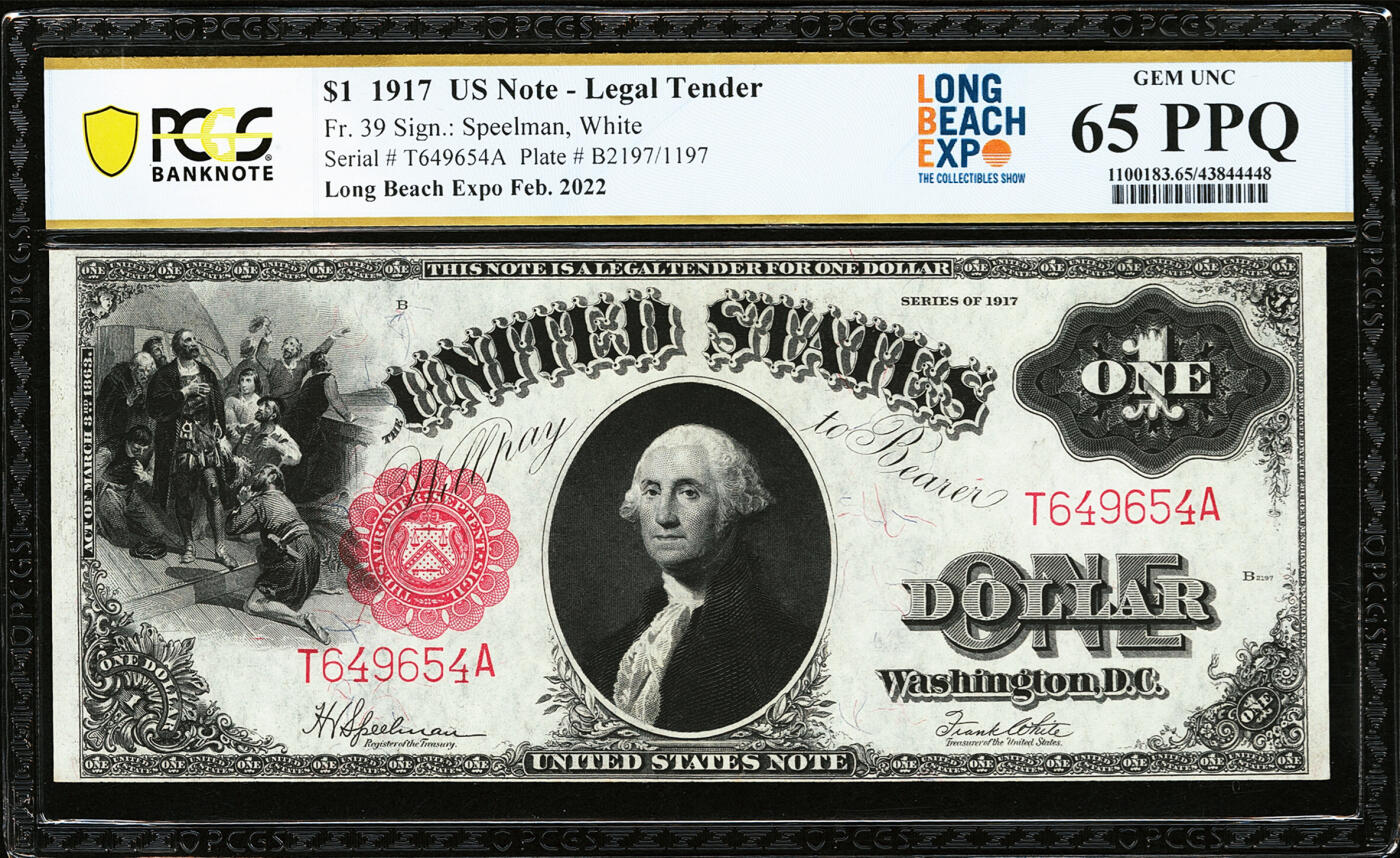 【Blue Auction】✨世界纸币精拍第551期【精】  【特殊标 2022年美国长滩钱币博览会展览品 短号版较少见】美国联邦政府 1917年1美金 PCGS65EPQ 绝品 大票幅 双面雕刻精美绿钞 票面状态佳 油墨非常好 用于展示 纸币描绘征服者登陆场景 华盛顿头像