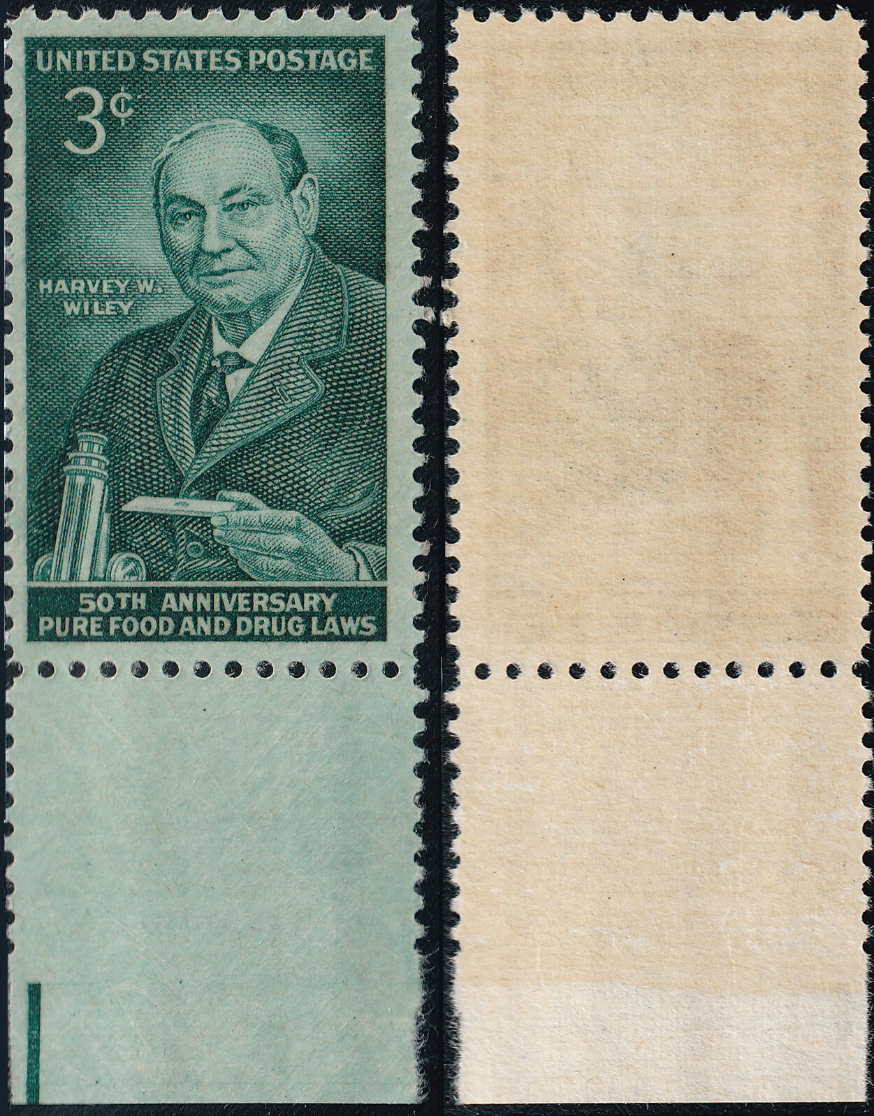 洪涛臻品批发群 精选邮票限时拍卖第七百五十一期  美国1956年 食品药品监督局创建者-哈维韦利 雕版1全套大宽边色标 原胶全品！