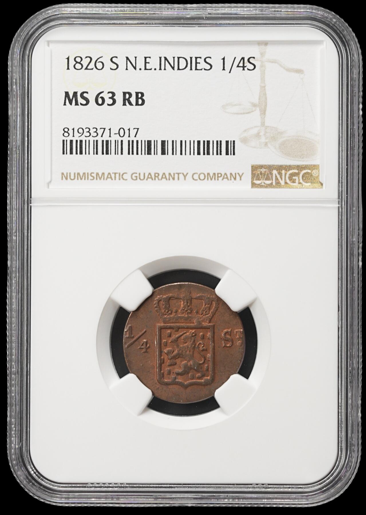 修遠堂世界钱币第四十一期 全场包邮 NGC MS63RB 1826年荷属东印度1/4 STUIVER铜币