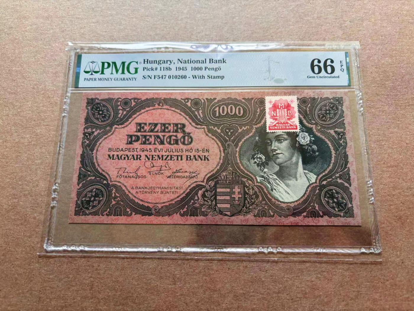 【Blue Auction】✨世界纸币精拍第551期【精】 【贴票版 无47】匈牙利 1945年1000潘哥 PMG66EPQ 