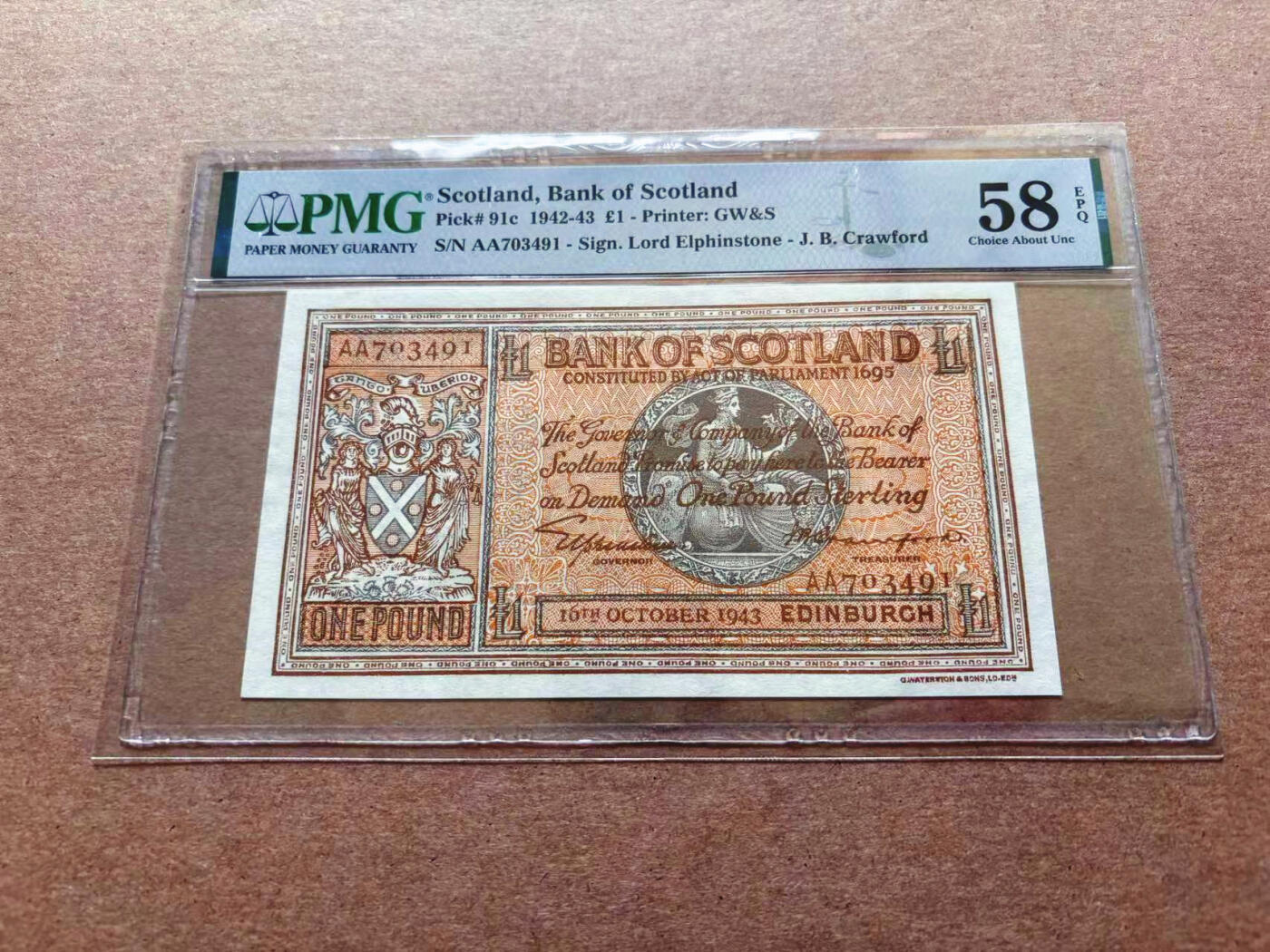 【Blue Auction】✨世界纸币精拍第551期【精】 【AA】苏格兰 1942-43年1镑 PMG58EPQ 原票 