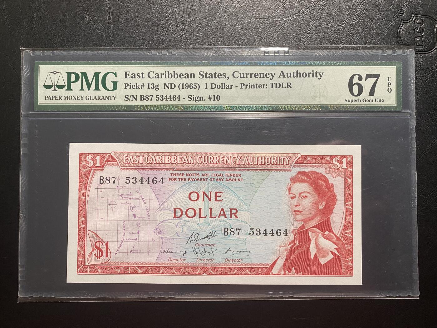 【纸迷金醉】精品纸币第1场 东加勒比 1965年1元 戎装女王 PMG67E