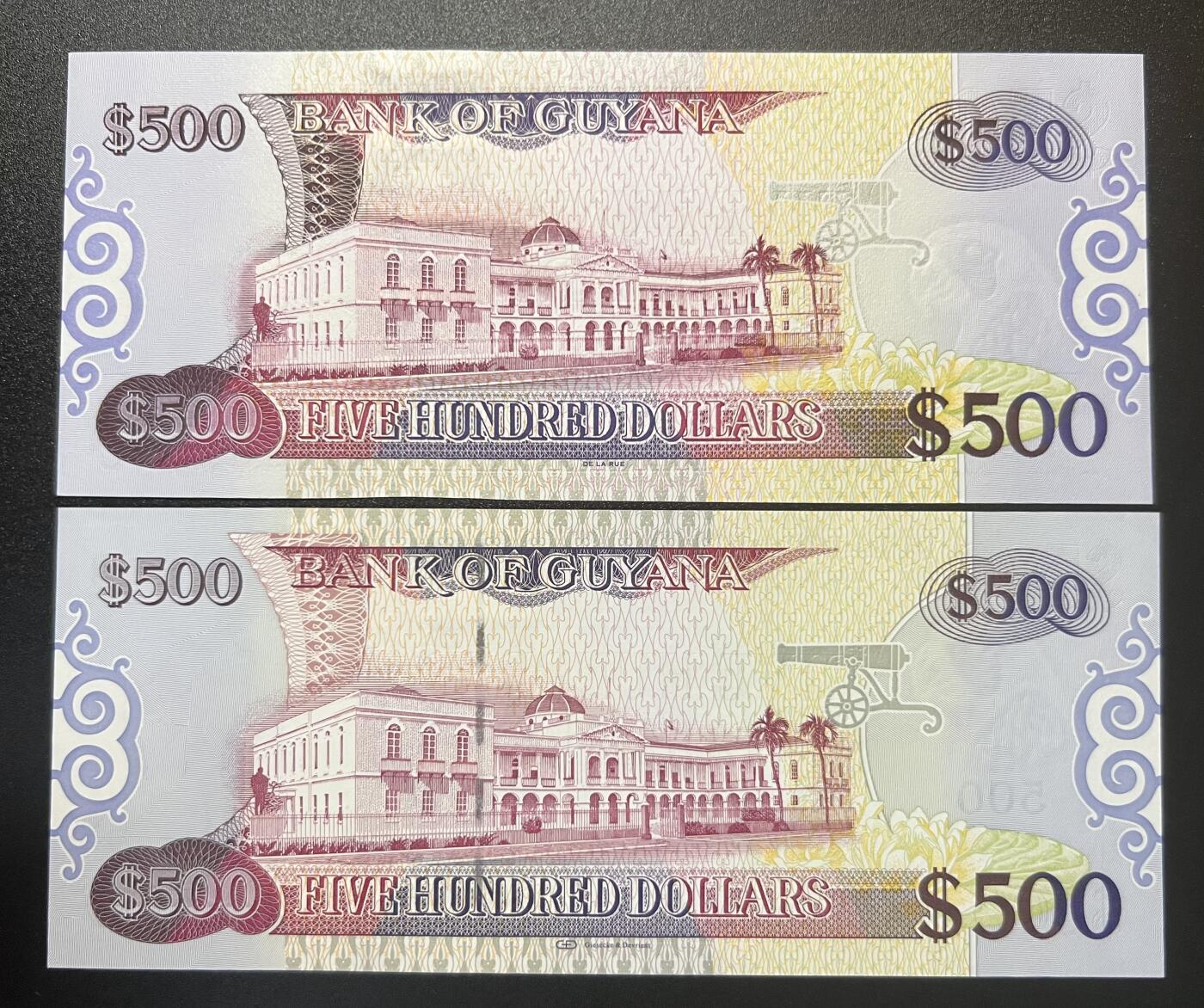 珑诚汇·乐淘淘 世界纸币拍卖 第32期 低佣场 圭亚那纸币两张 2002年&2019年500元 全新UNC