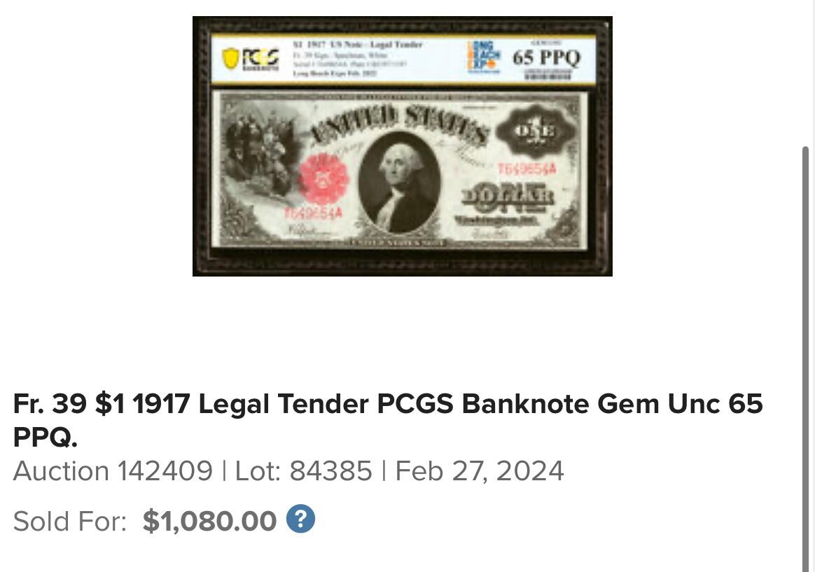 【Blue Auction】✨世界纸币精拍第551期【精】  【特殊标 2022年美国长滩钱币博览会展览品 短号版较少见】美国联邦政府 1917年1美金 PCGS65EPQ 绝品 大票幅 双面雕刻精美绿钞 票面状态佳 油墨非常好 用于展示 纸币描绘征服者登陆场景 华盛顿头像