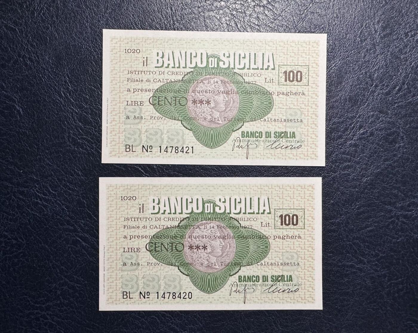 收藏联盟Quantum Auction 第379期拍卖  意大利1977年100里拉紧急币两张 品相全新UNC