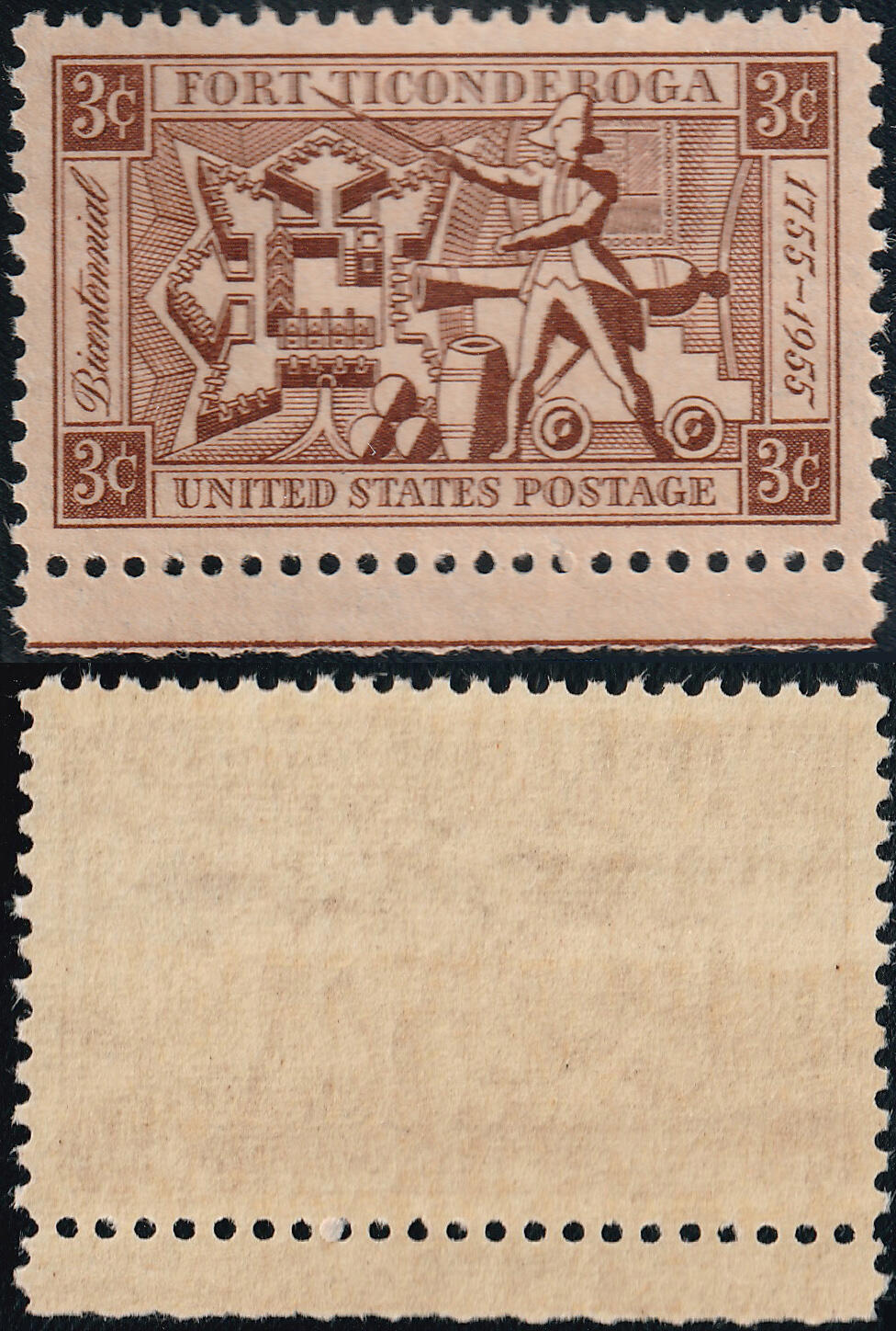 洪涛臻品批发群 精选邮票限时拍卖第七百八十一期  美国1955年 泰孔德罗加城堡200年--艾伦及地图 雕版1全套带边 原胶全品！