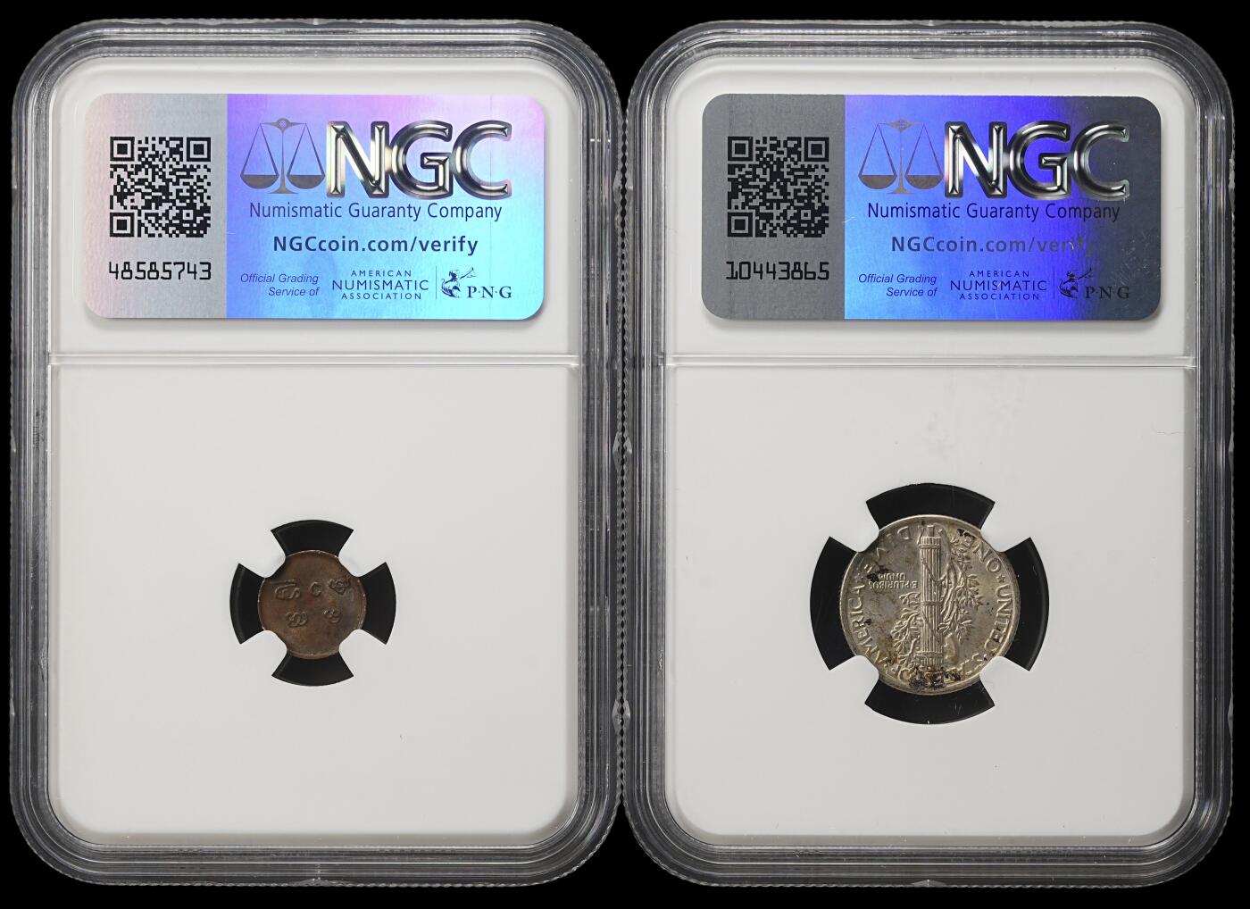 修遠堂世界钱币第四十一期 全场包邮 NGC评级 20世纪初印度土邦-美国 铜币，银币各一枚