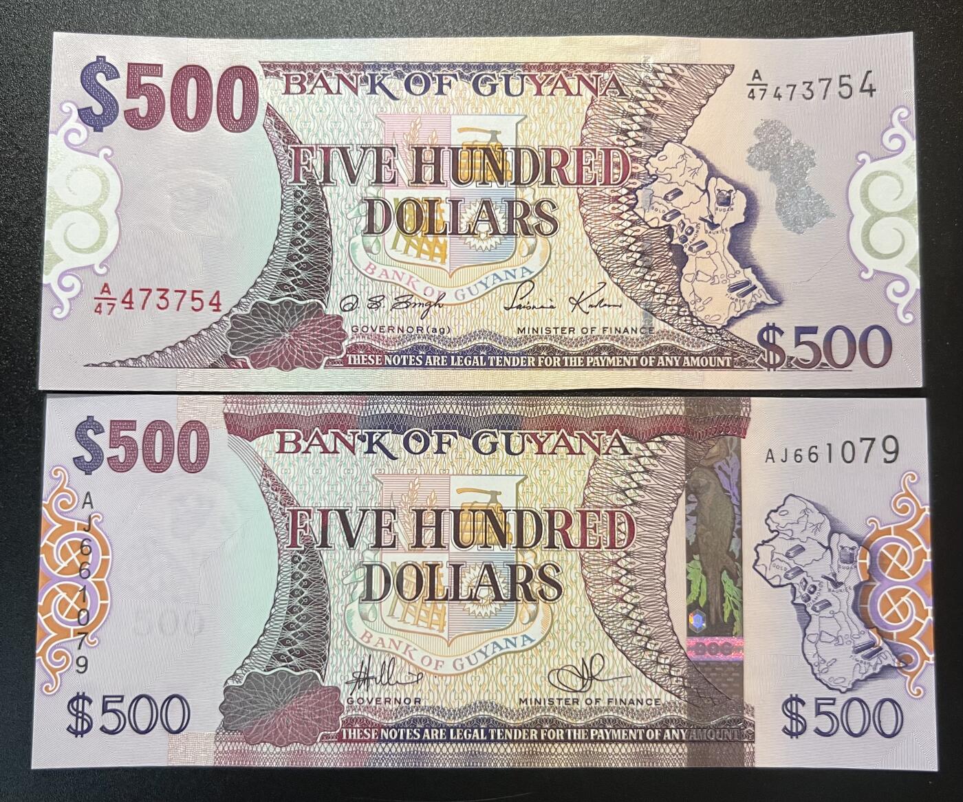 珑诚汇·乐淘淘 世界纸币拍卖 第32期 低佣场 圭亚那纸币两张 2002年&2019年500元 全新UNC