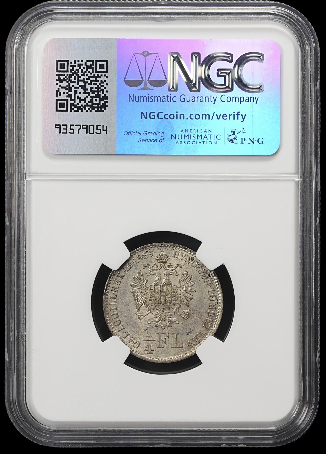 修遠堂世界钱币第四十一期 全场包邮 NGC MS63 1859年奥匈帝国1/4弗罗林银币