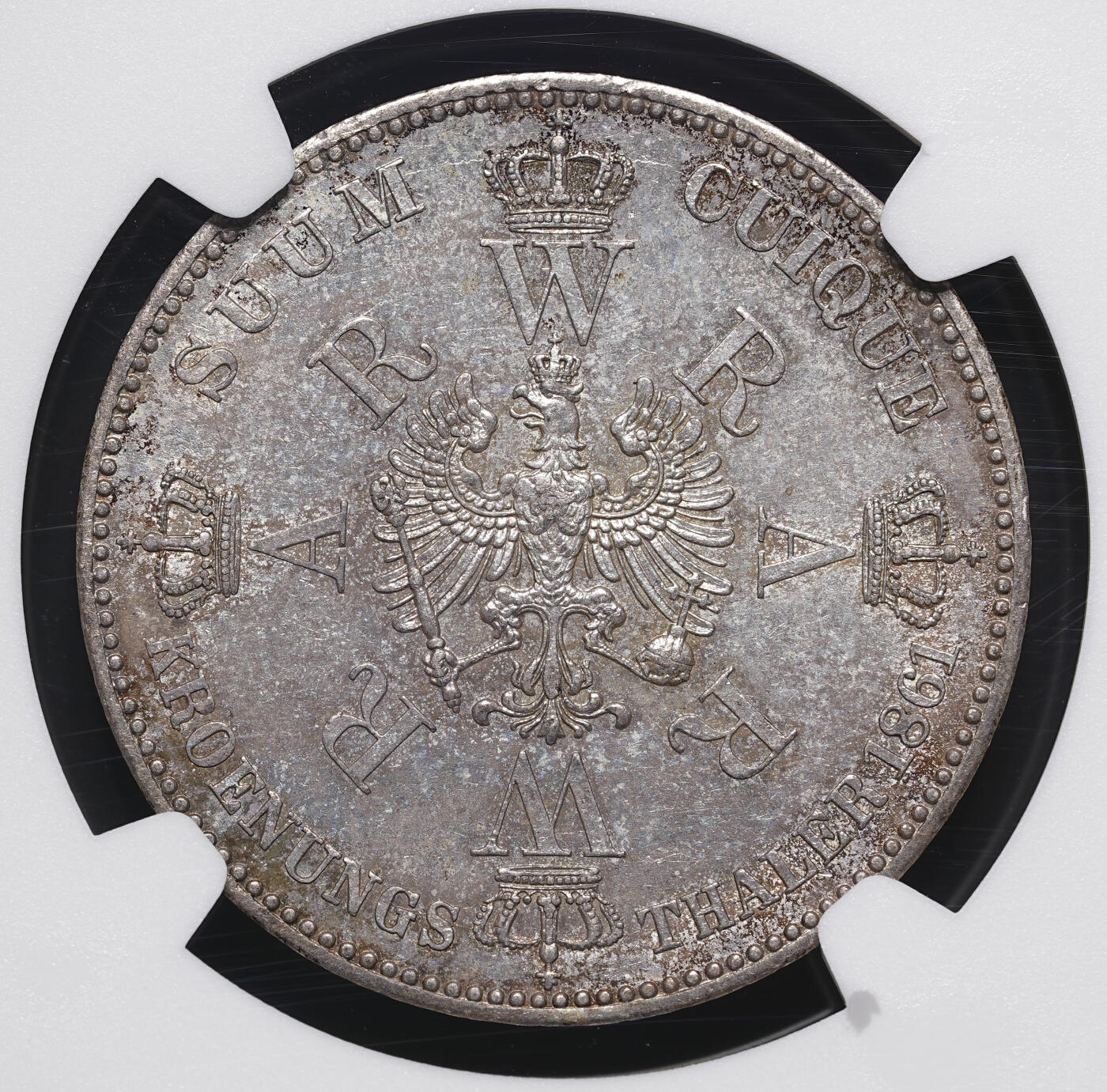 修遠堂世界钱币第四十一期 全场包邮 NGC AU58 1861年普鲁士威廉一世加冕1泰勒银币 五彩