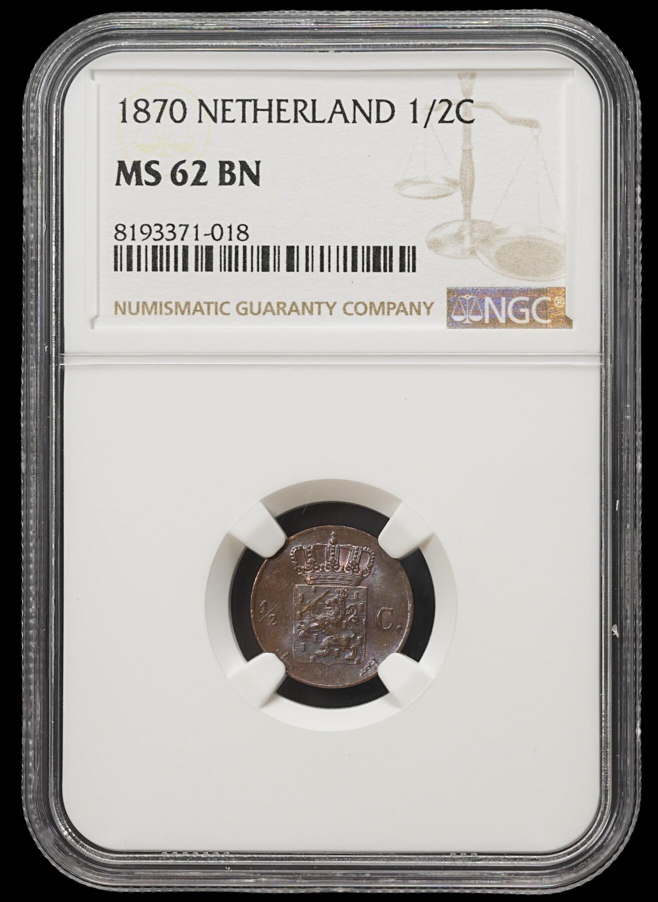 修遠堂世界钱币第四十一期 全场包邮 NGC MS62BN 1870年荷兰1/2分铜币