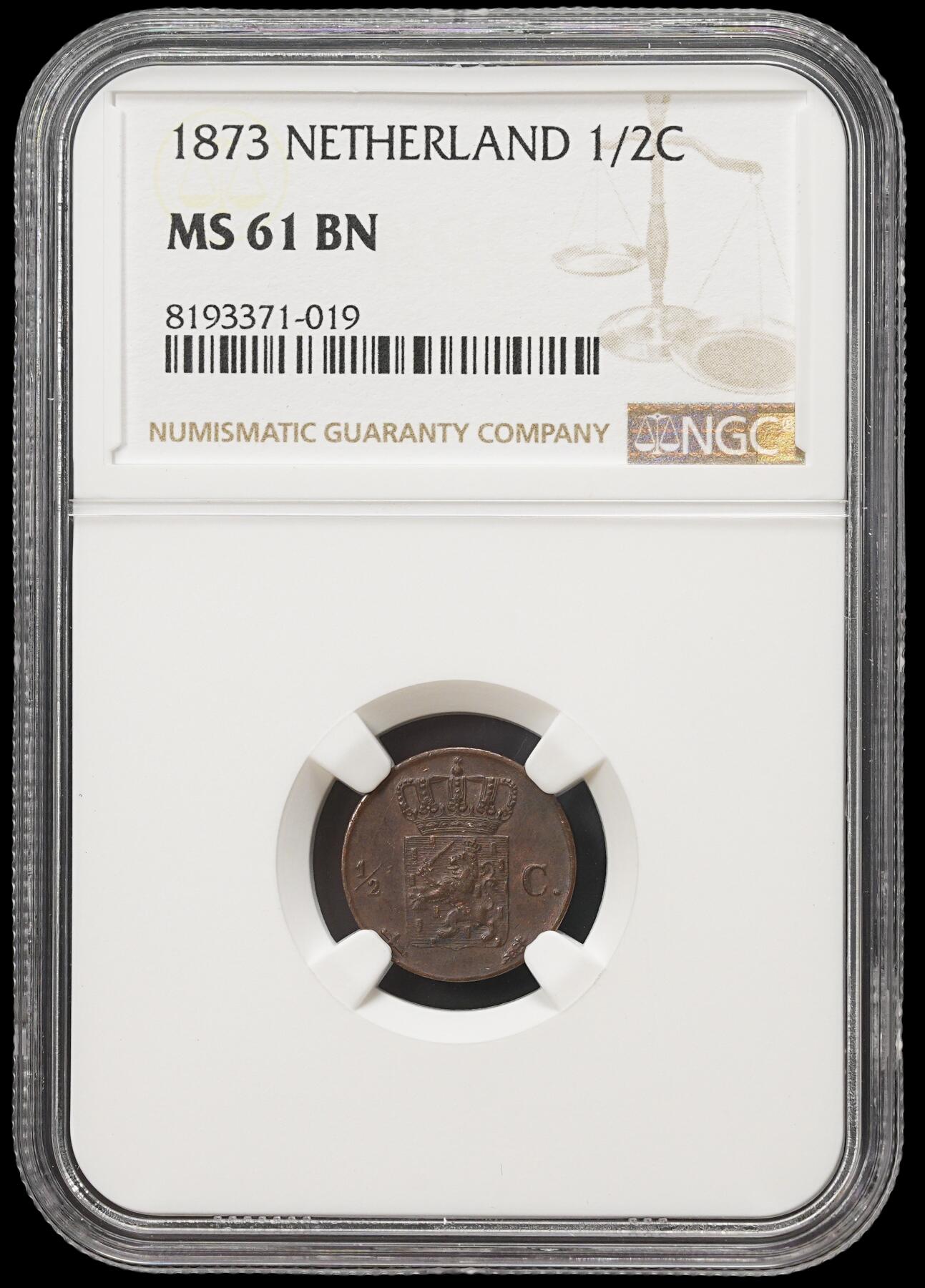 修遠堂世界钱币第四十一期 全场包邮 NGC MS61BN 1873年荷兰1/2分铜币